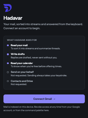 The Hadavar connect screen, listing the permissions it asks for